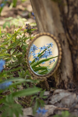 A photo of an antique mirror with a reflection of flowers.