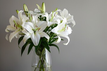 Fresh white lilies with full blooms and buds in a clear glass vase against a grey background