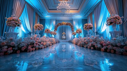 The wedding background and room for studio photos are filled with beautiful flower decorations