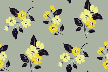 Seamless floral pattern, flower print, abstract ornament with branches in a classic vintage motif. Elegant botanical design: hand drawn small yellow flowers, twigs fall on grey. Vector illustration.