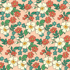 Seamless floral pattern, liberty ditsy print in a romantic retro motif. Cute botanical design, abstract ornament: small hand drawn flowers, tiny leaves, simple bouquets on pink. Vector illustration.
