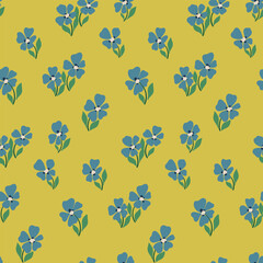 Seamless floral pattern, liberty ditsy print, abstract ornament in old fashion motif. Simple botanical design: small hand drawn blue flowers, tiny leaves on a yellow field. Vector illustration.