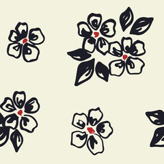 Seamless floral pattern, abstract ditsy ornament, graphic flower print of simple hand drawn plants. Botanical surface design: daisy flowers, small leaves, black bouquets on white. Vector illustration.