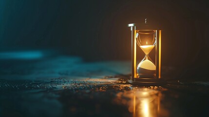 A sand timer in dark background for copy space text. Countdown, waste time concept. - obrazy, fototapety, plakaty