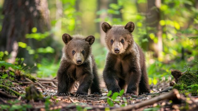 Two brown bear cubs in the forest Animals in their natural habitat Wildlife scenes from Europe Brown bear cub without mother