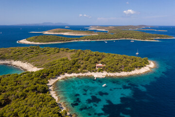 Aerial of the stunning Pakleni Islands near Hvar in the Adriatic sea in Croatia