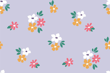 Seamless floral pattern, cute liberty ditsy print, abstract ornament of mini simple plants. Pretty botanical design: cute small hand drawn daisy flowers, tiny leaves on blue lilac. Vector illustration