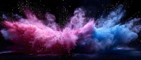 Colorful powder explosion frozen in motion against black backdrop showcasing energy. Concept Powder Explosion Photography, High-Energy Shots, Vibrant Colors, Dynamic Movement, Black Background - obrazy, fototapety, plakaty
