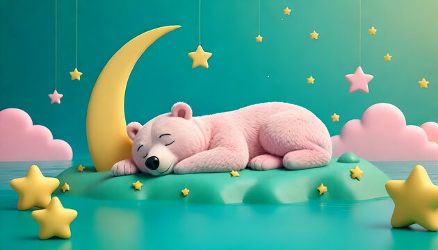 Cute sleeping bear on lake green color background. Beautiful pastel pink clouds, yellow crescent moon, and stars. 3d rendering picture. - Powered by Adobe