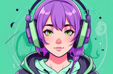 Young girl purple hairs with headphones immersed in lo-fi music, flat illustration in anime style at green background.