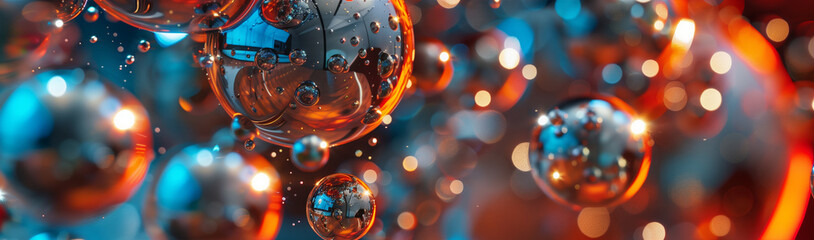 An immersive abstract image showing reflective bubbles floating amidst red and blue light with a sense of motion