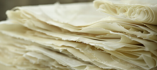 Close-up shot of a tall stack of off-white paper sheets with a focus on texture