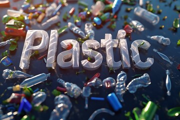 the word 'Plastic' surrounded by a scattering of small plastic pieces and debris