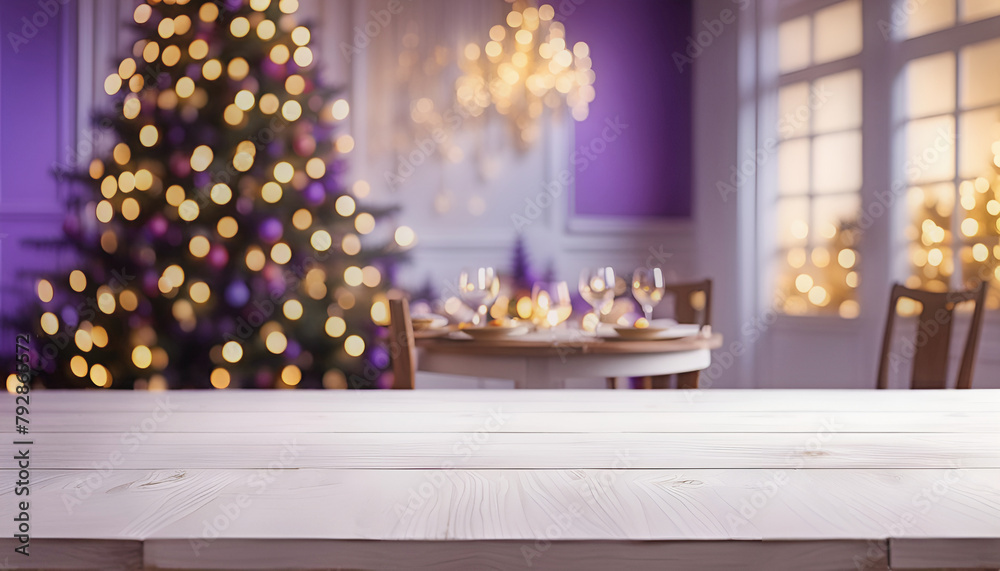 Wall mural empty table with beautiful christmas tree