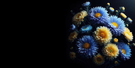 Yellow and blue asters on a dark background.	 - 792865510