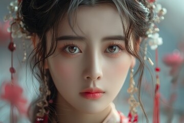 The stylish girl had large, alluring eyes and embraced a trendy Chinese-inspired fashion aesthetic. Ai generated.