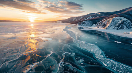Baikal lake in winter with ice at sunset. Ogoy island