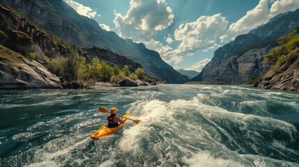 White water kayak, extreme kayak. Man in kayak sailing on mountain river