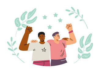 Vector icon with male activists hugged each other and raised their hands in the air with their fists clenched