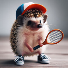 Hedgehog tennis player in a baseball cap holds a tennis racket in his paws - obrazy, fototapety, plakaty