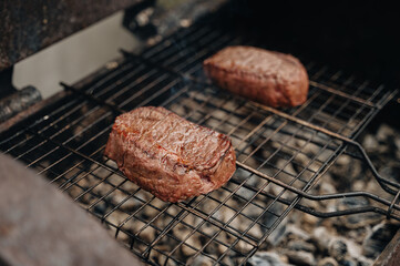 pieces of steak are fried on a grill over a fire