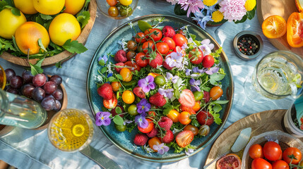 High-angle view of a vibrant summer salad with fresh fruits, edible flowers, and vegetables at an outdoor meal