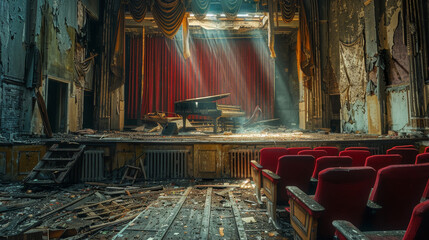 Abandoned post-apocalyptic theater with torn curtains and a grand piano on stage