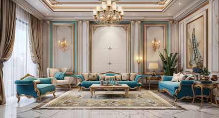 Fototapeta premium interior design of a modern luxury living room in an Arabic style with a golden and blue color theme, a gold chandelier, cream white curtains, a light grey marble floor, wooden furniture