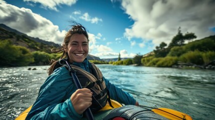 Photograph of a woman smiling and laughing while rowing a boat on a river.