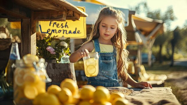 Young girl tending a lemonade stand on a sunny summer day