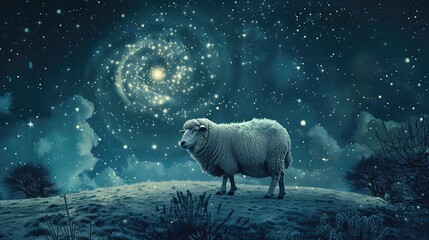 A tranquil alpine meadow with grazing sheep with moon, Eid ul adha - obrazy, fototapety, plakaty