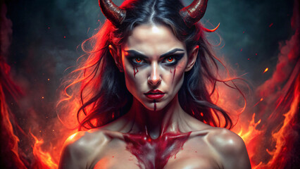 A devil woman in a striking red outfit, either a suit or a dress