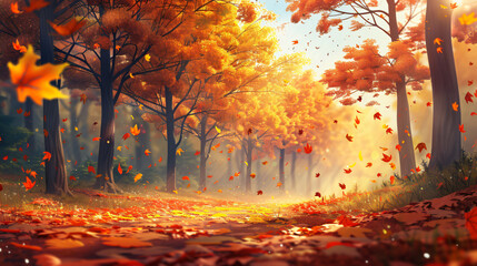 Beautiful autumn landscape with trees and sun. 