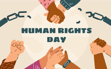Human rights day vector poster, raised human hand and breaks the chain, diverse races people united for social freedom