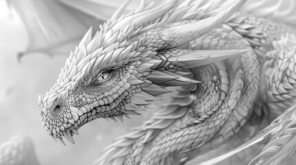 Obraz premium Detailed black and white dragon illustration with ornate scales and mythical presence