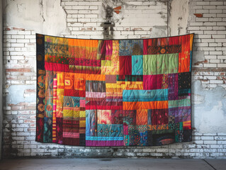 Vibrant photorealistic tapestry hung on a rustic brick wall in an urban setting