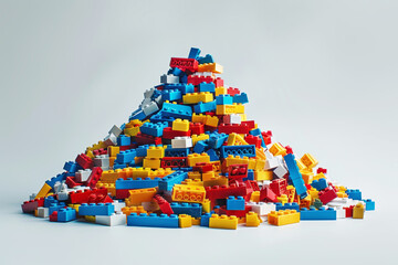 Naklejka premium Colorful Lego bricks stacked in a pile on a white background