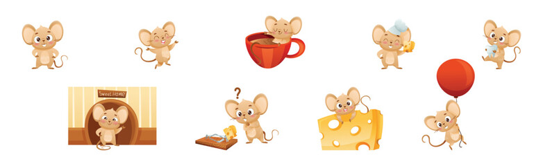 Cute Mouse Character Engaged in Different Activity Vector Set