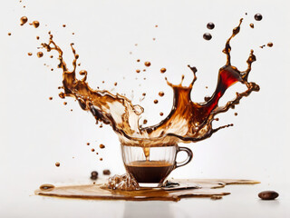 large splashes of coffee in a mug, white background,,AI generated