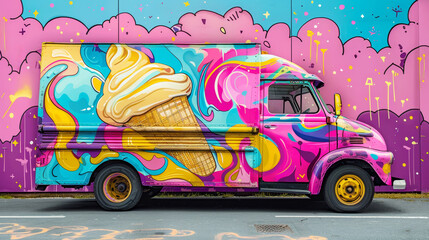 Vibrant pop art painted ice cream truck with playful graphics and bright colors