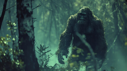 Captivating image of Bigfoot lurking in misty forest with eerie ambiance - obrazy, fototapety, plakaty