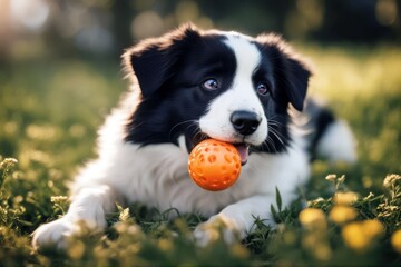 'member lovely playing collie animals dog home owner new border family little concept mouth holding care portrait smilling funny cute pet toy ball puppy indoor purebred animal canino breed doggy' - obrazy, fototapety, plakaty