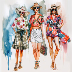 Hand drawn fashion models on watercolor background.