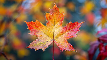 Close-up of a vibrant maple leaf with water droplets in autumn