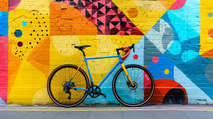 Colorful pop art mural backdrop with modern blue bicycle