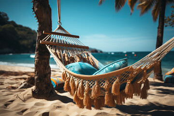 Hammock with pillows between palm trees on a tropical beach for a relaxed summer vibe.