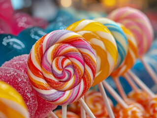Colorful candy lollipops with vibrant swirls and sugary coating