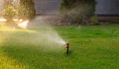 water sprayer on a green lawn in the courtyard of a house