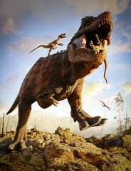 Jurrasic scene - Trex dinosaur being attacked, 3D illustration.No AI, made in Blender - 792868380