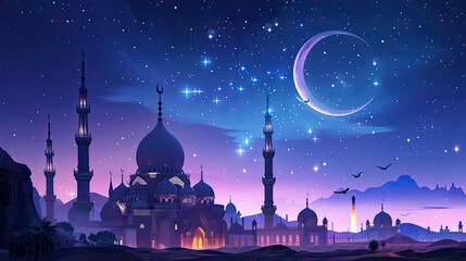 Mosque under the night sky and moon, Ramadan Kareem, Eid ul fiter, Eid al adha